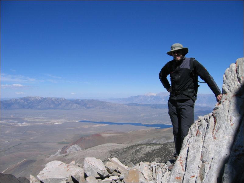 2005-09-10 Morrison (65) Janni on real summit with Boundary Peak (white) next to him in distance
